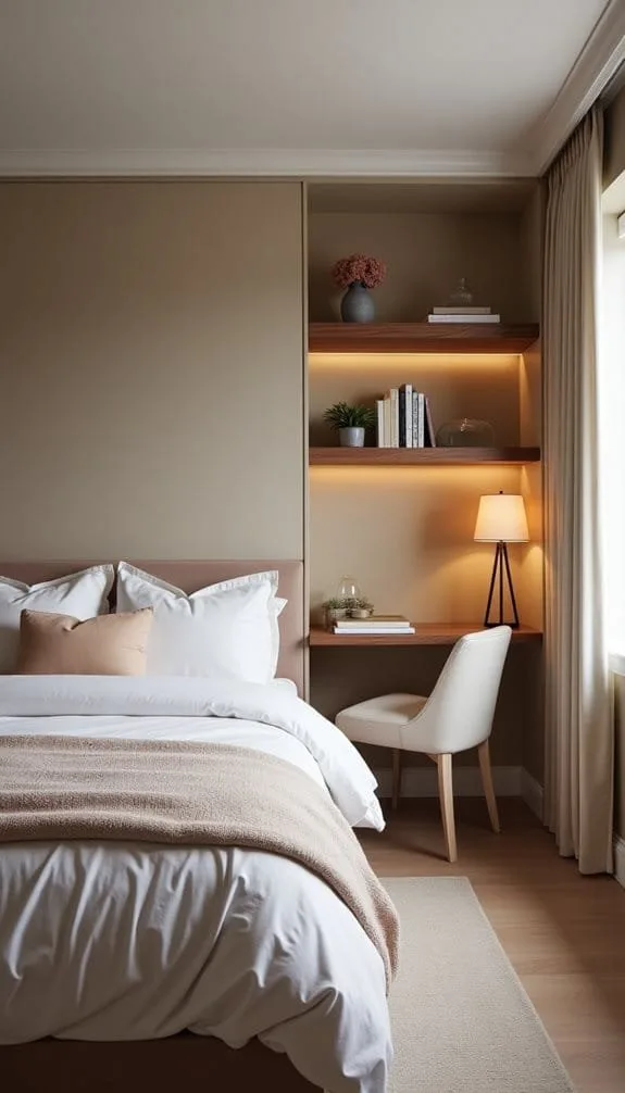 Modern bedroom interior featuring a cozy bed with white linens and a beige throw blanket, complemented by a stylish desk and chair. The room includes built-in shelves with decorative plants and books, softly lit by warm under-shelf lighting. Natural light filters through elegant curtains, creating a serene atmosphere.
