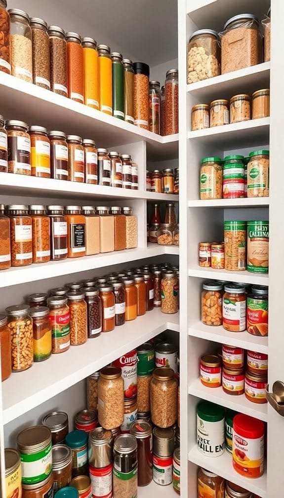 Organized pantry shelves filled with various spices, nuts, and canned goods in clear jars and containers.