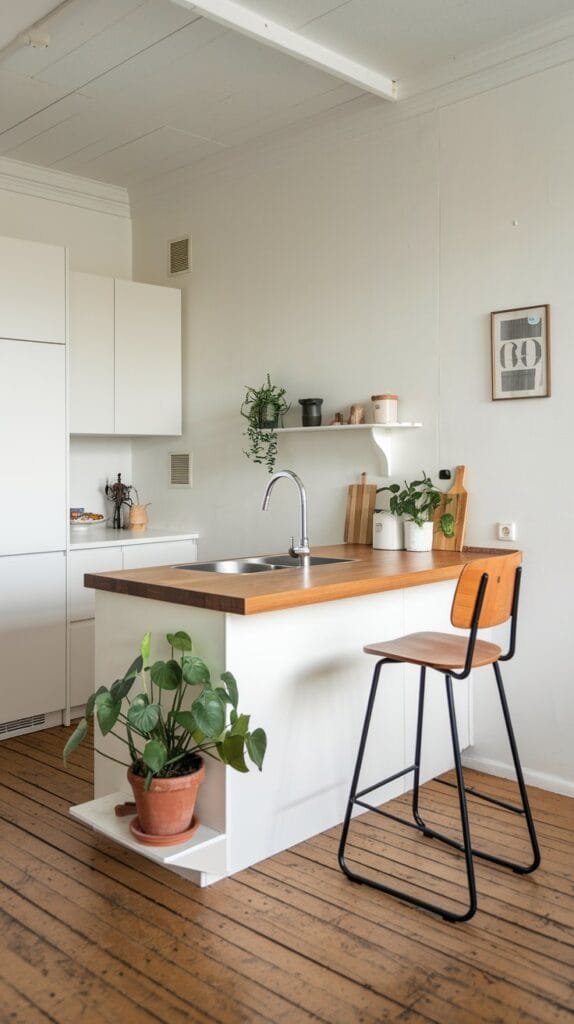 Minimalist kitchen interior featuring a wooden countertop island, modern bar stool, and houseplants. Bright white walls and natural wooden flooring enhance the space's airy feel.