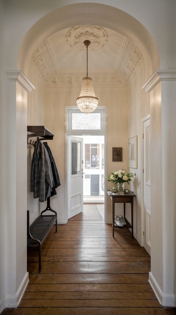 Elegant entryway featuring a chandelier, wooden floors, coat rack, and a table with flowers. Natural light fills the space.