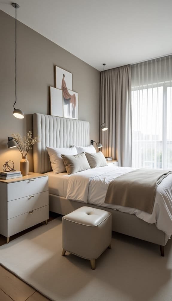 Modern bedroom with a tufted headboard, neutral color scheme, and soft bedding. Features minimalist nightstands, stylish pendant lighting, and sheer curtains that let in natural light, creating a cozy and inviting atmosphere.