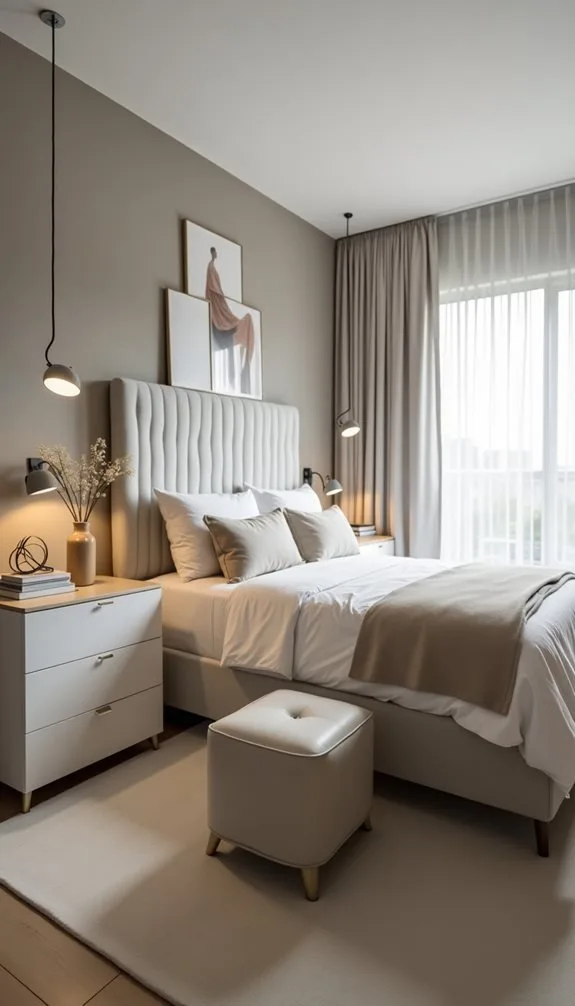 Modern bedroom with a tufted headboard, neutral color scheme, and soft bedding. Features minimalist nightstands, stylish pendant lighting, and sheer curtains that let in natural light, creating a cozy and inviting atmosphere.