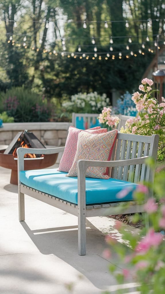 Cozy outdoor seating with vibrant cushions next to a fire pit, surrounded by blooming flowers and string lights.