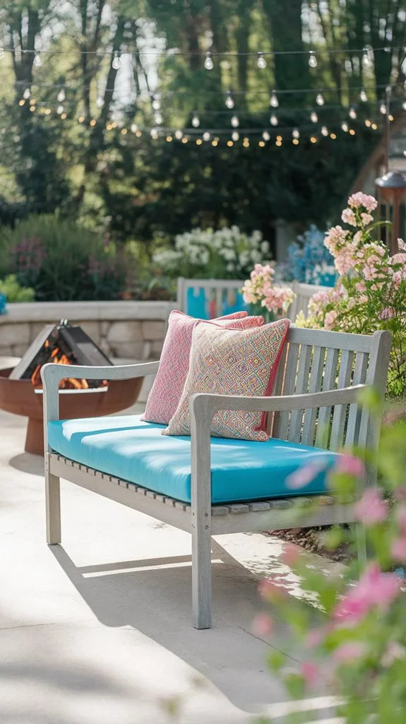 Cozy outdoor seating with vibrant cushions next to a fire pit, surrounded by blooming flowers and string lights.