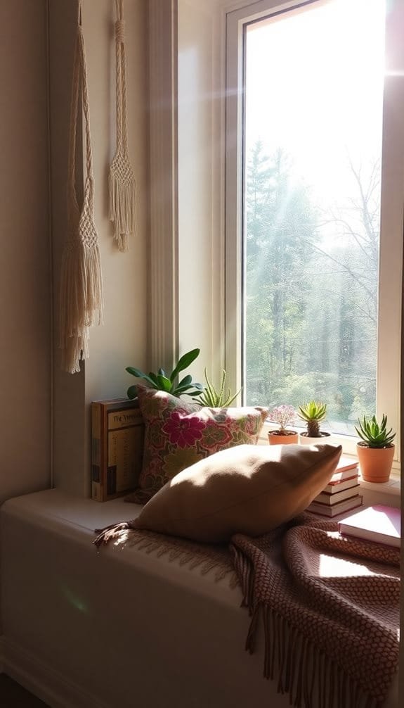 Bright, cozy window nook featuring books, decorative pillows, and potted plants, illuminated by natural sunlight.