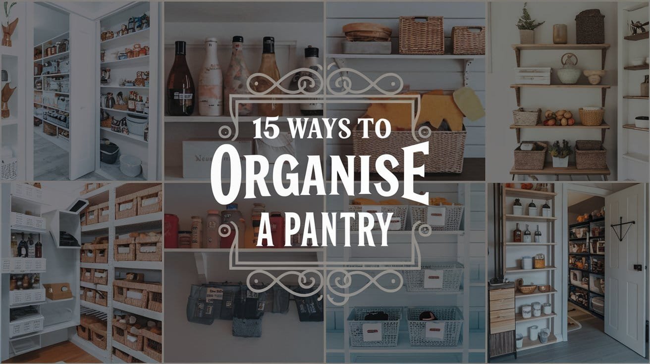 Image showcasing creative pantry organization ideas with baskets, jars, and shelving solutions for efficient storage and accessibility.