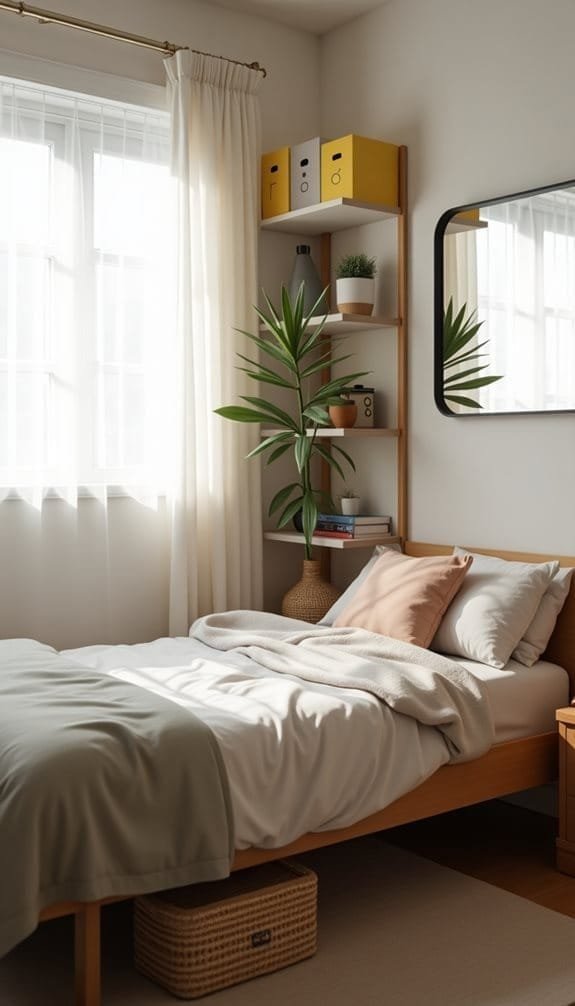Cozy, modern bedroom featuring a wooden bed with soft bedding, a decorative throw blanket, and pillows in muted tones. A bookshelf with plants and storage boxes, a mirror, and sheer curtains allowing natural light are also present, creating a serene atmosphere.