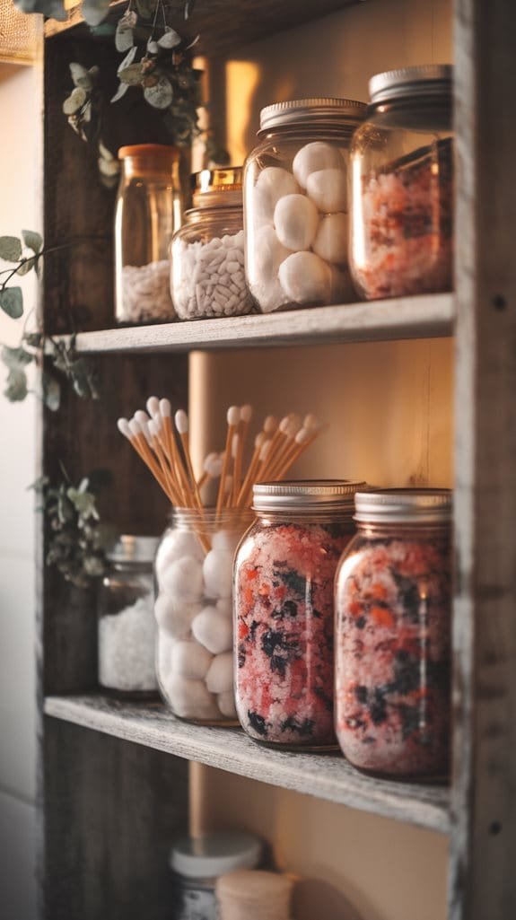 Colorful jars filled with beauty supplies and decor items on wooden shelves, featuring cotton balls and bath salts.