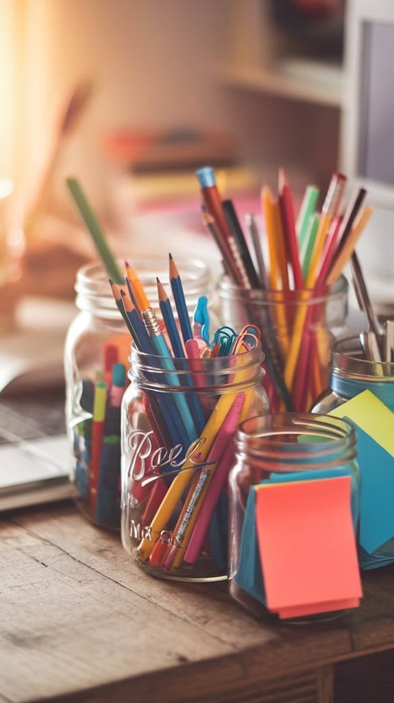 Colorful stationery items in glass jars on a desk, including pencils, markers, and sticky notes for organization.