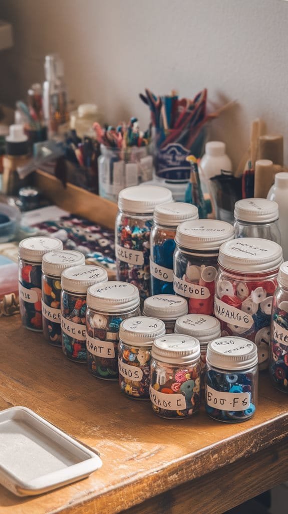 A organized workspace featuring labeled jars filled with colorful crafting supplies and tools on a wooden table.