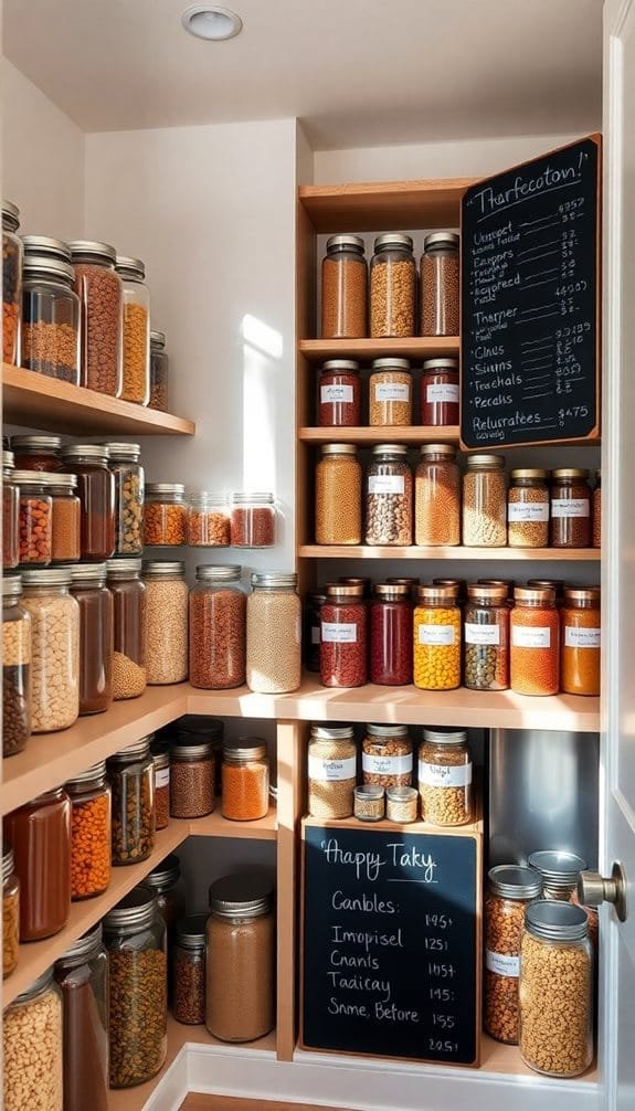 Organized pantry with glass jars filled with various grains, spices, and a chalkboard list of items and prices.