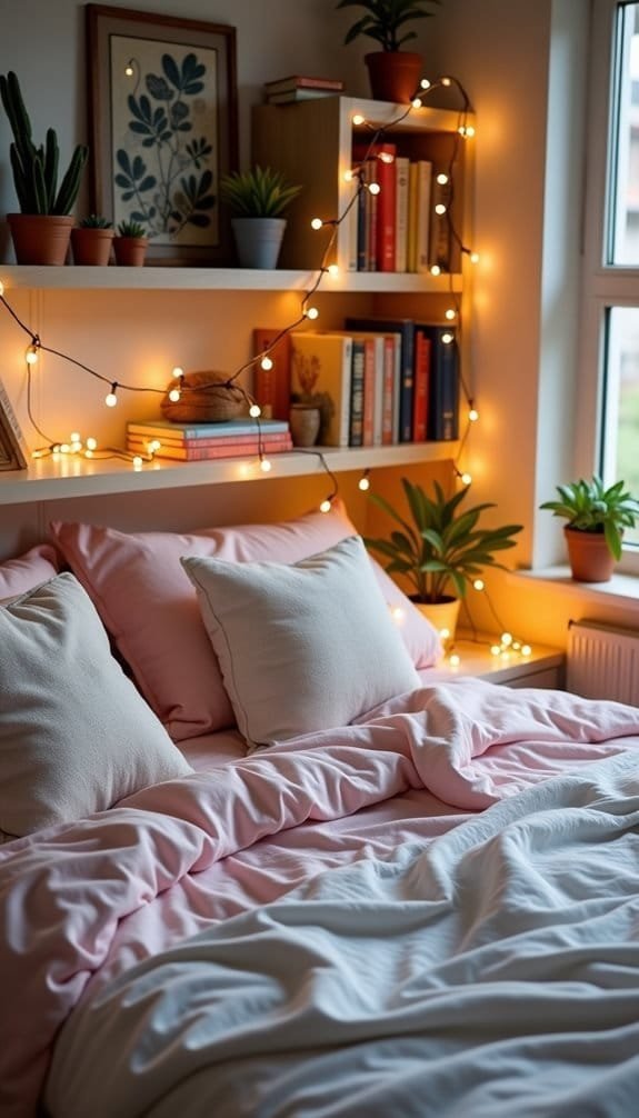 Cozy bedroom featuring a pink bedspread with plump pillows, surrounded by lush potted plants and softly glowing fairy lights. A bookshelf filled with colorful books is illuminated by natural light from a window, creating a warm and inviting atmosphere.