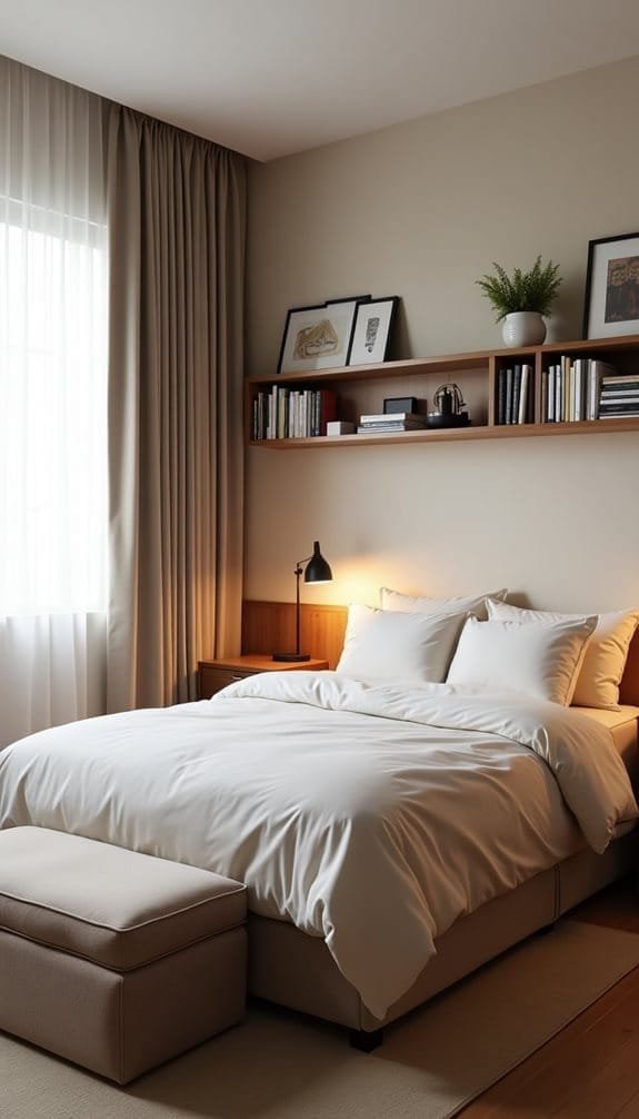 Cozy modern bedroom featuring a large bed with white bedding, a bedside table with a stylish lamp, and a wooden shelf adorned with books and decor. Natural light streams through sheer curtains, enhancing the warm atmosphere.