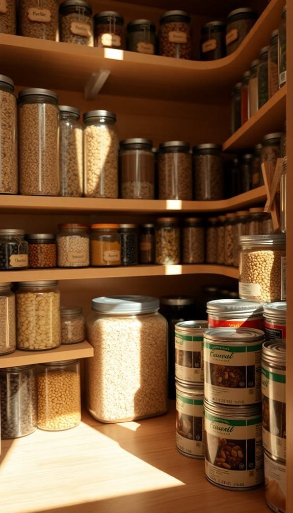 Organized pantry with glass jars and canisters filled with various grains, legumes, and spices on wooden shelves.