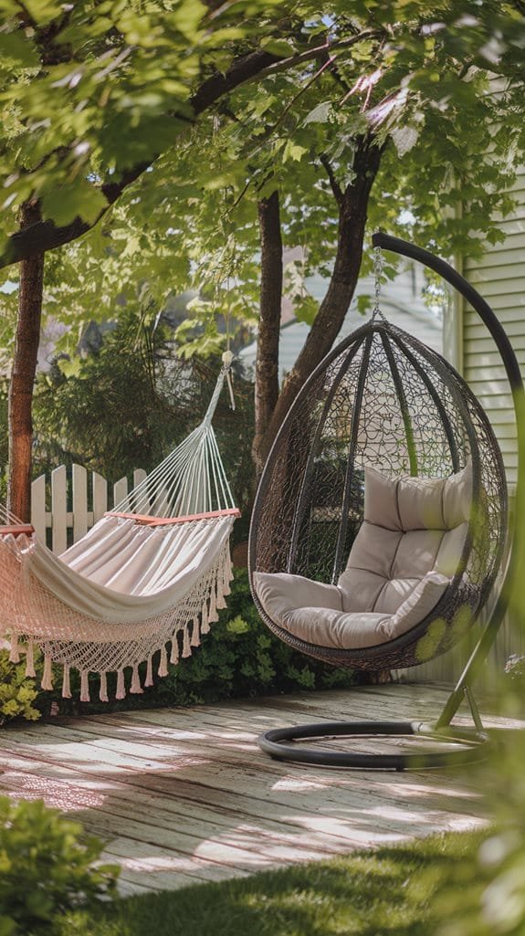 Cozy backyard relaxation area featuring a hammock and a stylish hanging chair amid lush green trees.
