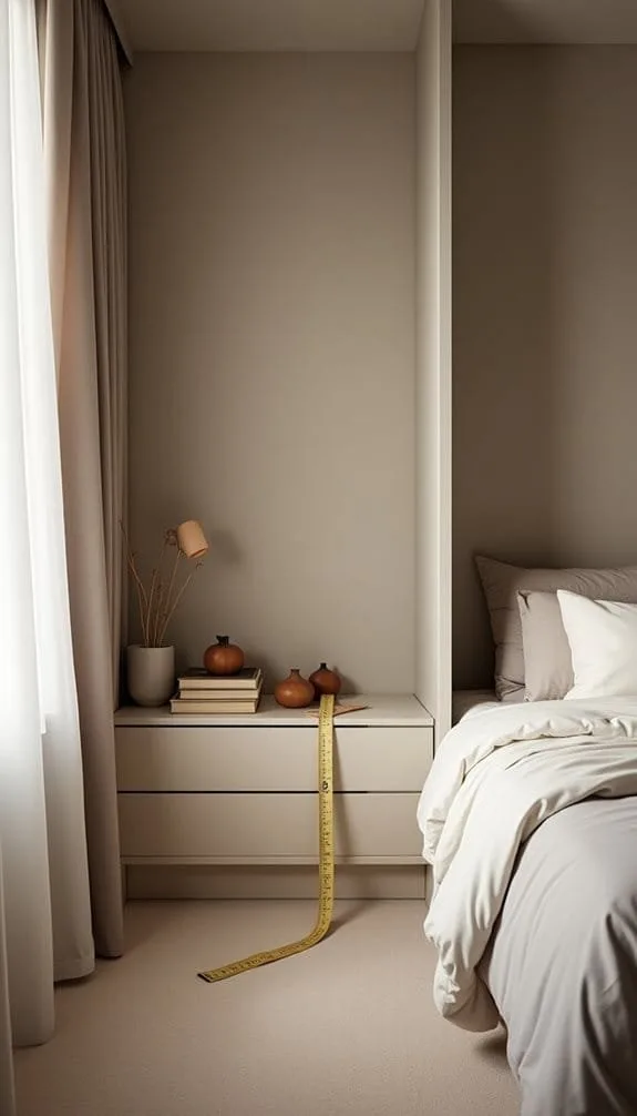 Modern bedroom interior featuring a minimalist nightstand with two decorative pumpkins and a lamp, books neatly arranged, and a measuring tape draped over the side, all complemented by soft, neutral tones and natural light filtering through sheer curtains.