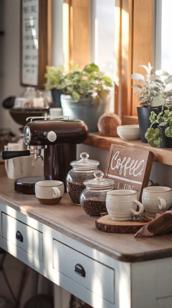 Cozy coffee setup featuring espresso machine, glass jars of coffee beans, and decorative plants beside a sunlit window.