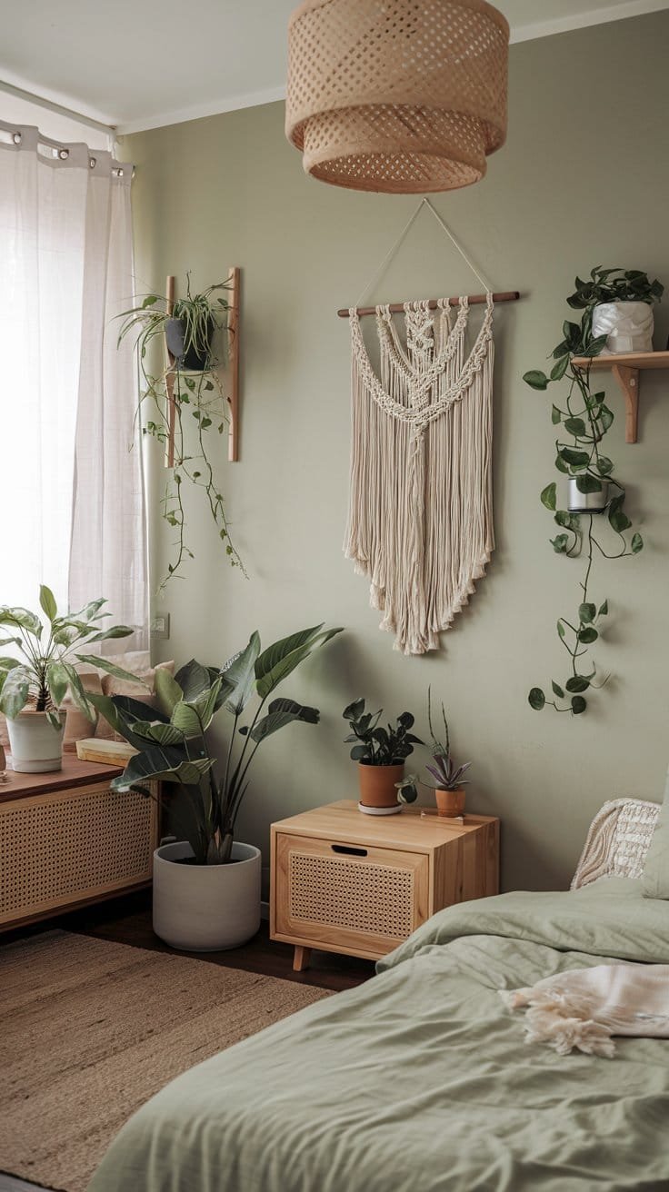 Cozy bedroom featuring green walls, indoor plants, macrame wall art, and natural wood furniture for a serene atmosphere.