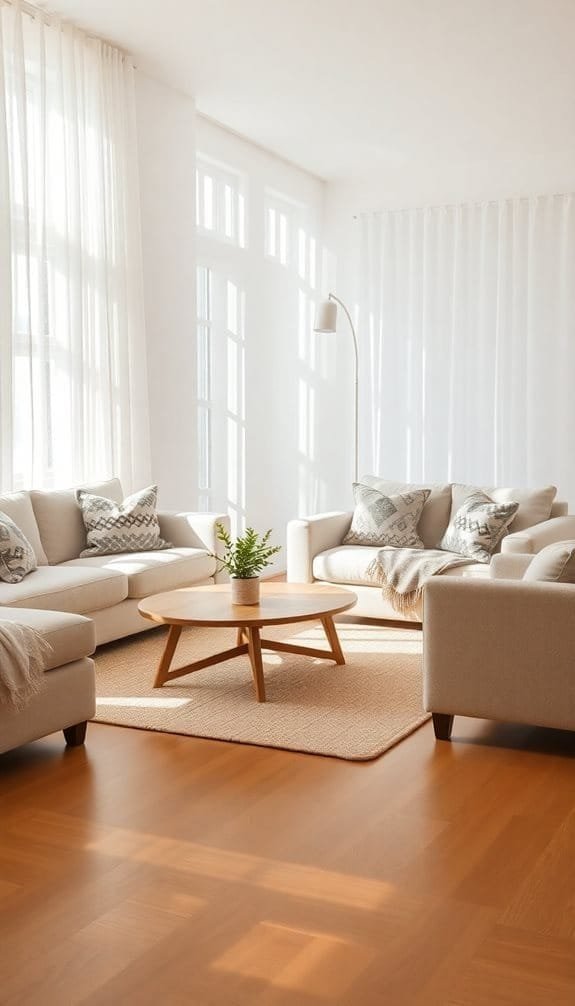 Bright and airy living room featuring neutral-colored sofas with decorative pillows, a round wooden coffee table, and a cozy area rug. Large windows draped with sheer curtains allow natural light to fill the space, enhancing the warm wooden flooring.