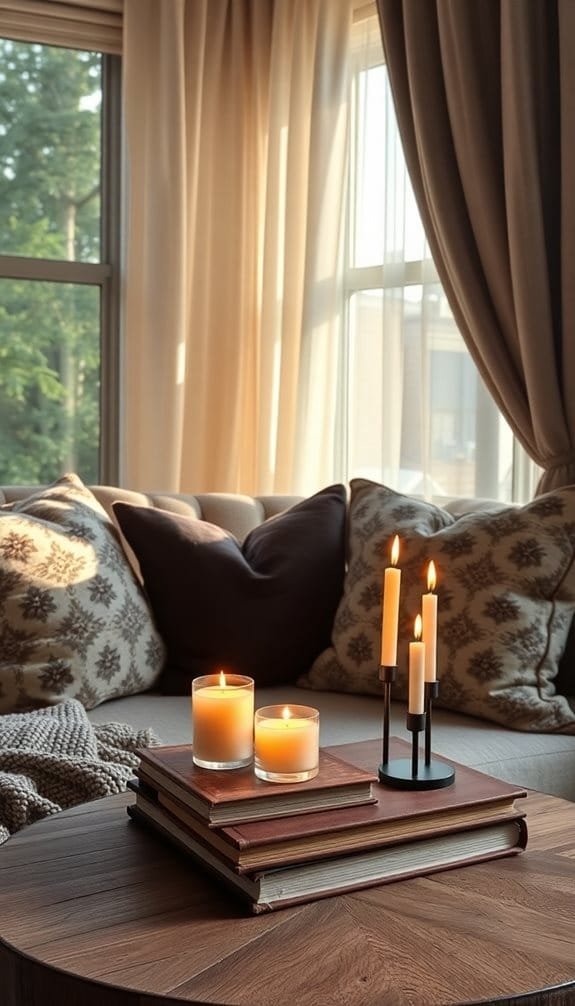 Cozy living room scene featuring lit scented candles, decorative pillows, and stacked books on a wooden coffee table.