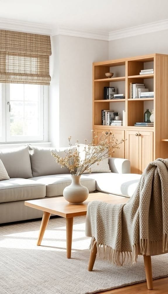 Bright and airy living room featuring a light gray sectional sofa, a modern wooden coffee table with a vase of dried flowers, and a cozy beige throw draped over a mid-century style chair. Natural light streams in through a window adorned with a woven shade, illuminating a wooden bookshelf filled with books and decorative items.