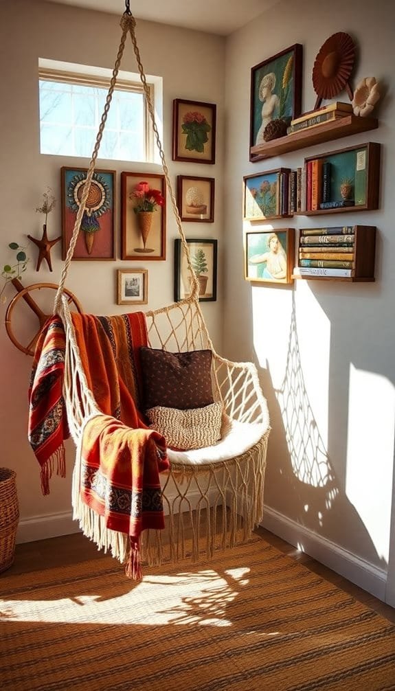 Cozy hanging chair adorned with a colorful blanket in a sunlit, art-filled corner of a stylish room with personel decor.
