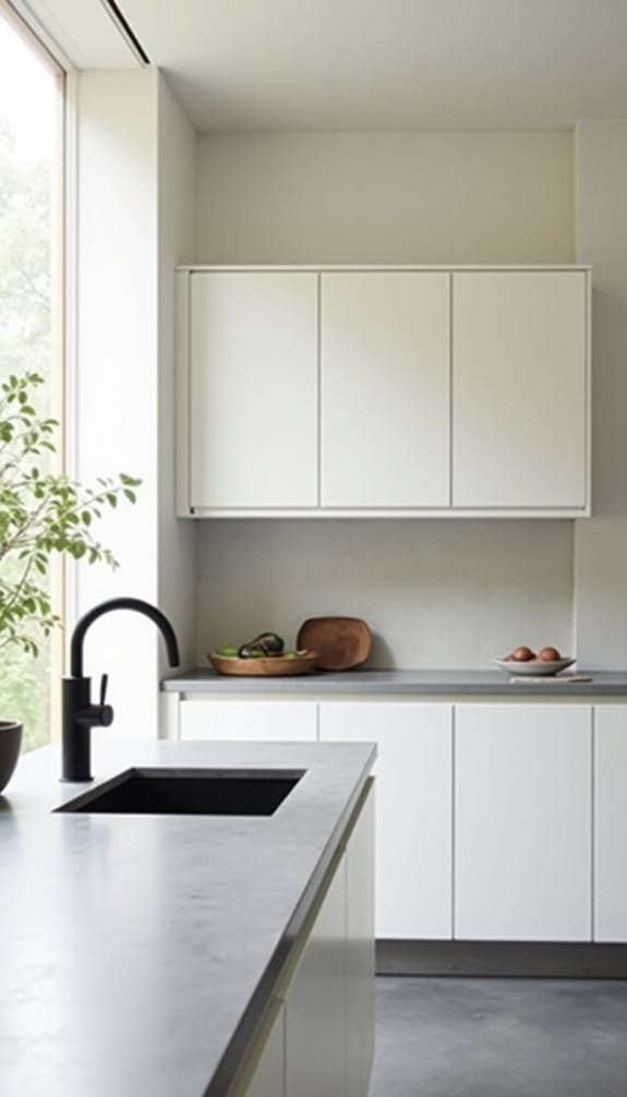 Modern kitchen design featuring minimalist white cabinetry, a sleek black sink, and a stylish faucet. Natural light streams in through large windows, highlighting a countertop with decorative bowls and fresh produce. Ideal for showcasing contemporary home decor and functionality.