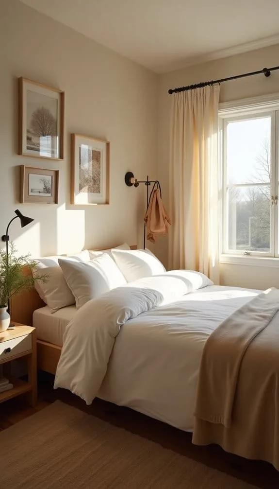 Cozy and minimalist bedroom featuring a plush white bed with large pillows, natural light streaming through a window with sheer curtains, framed art on the walls, and a wooden nightstand with a plant and books.