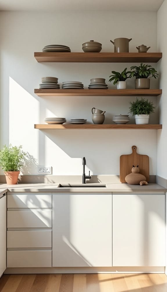 Modern kitchen featuring open wooden shelves with various dishware and plants, minimalist cabinetry, a sleek sink, and natural light streaming in, highlighting a cozy, inviting atmosphere.