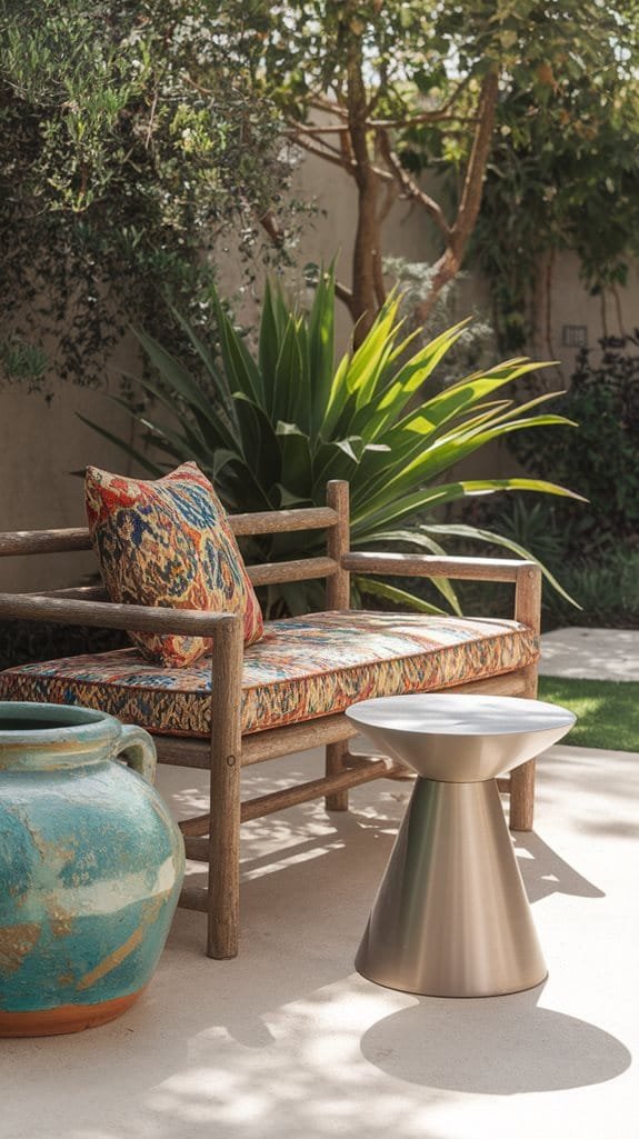 Stylish outdoor seating with vibrant patterned cushion, metallic side table, and decorative pottery surrounded by lush greenery.