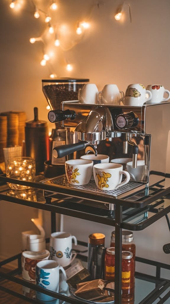 Mobile coffee station with an espresso machine, decorative mugs, and warm fairy lights in a cozy setting.