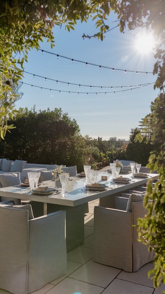 Outdoor dining area with elegant table setting, surrounded by greenery and string lights, under bright sunlight.