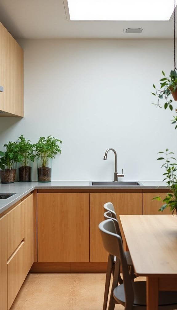Modern kitchen with wooden cabinets, a stainless steel sink, and potted plants, featuring a minimalist design and natural light from a skylight.
