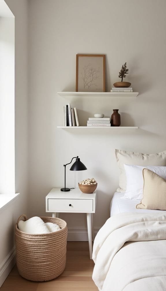 Cozy bedroom corner featuring a white bed with soft pillows, a minimalist bedside table with a black lamp, and decorative elements. The wall displays two white shelves holding books and a potted plant, complemented by a modern artwork. A woven basket with a blanket adds texture to the space, creating a serene and stylish atmosphere.