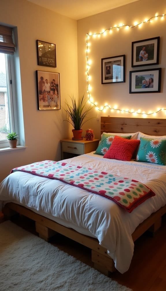 Cozy bedroom interior featuring a wooden bed with a white comforter and colorful decorative pillows, surrounded by framed photos on the wall and warm string lights. A potted plant adds a touch of greenery, enhancing the inviting atmosphere of the room.