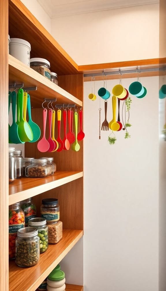Colorful kitchen tools on hooks and jars organized on wooden shelves in a modern pantry, enhancing kitchen storage aesthetics.