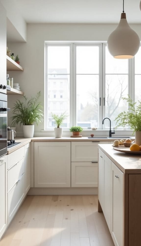Bright and modern kitchen featuring white cabinetry, wooden countertops, and large windows, with greenery accents and a bowl of fresh fruit on the island.