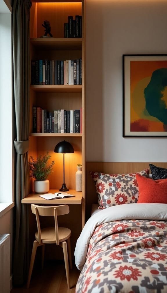Cozy bedroom interior featuring a wooden bookshelf with stacked books, a desk with a lamp, and decorative plants. The bed is adorned with a colorful floral-patterned duvet and pillows, creating a warm and inviting atmosphere.