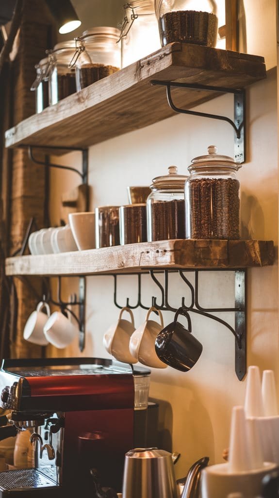 Rustic coffee shop interior featuring wooden shelves, jars of coffee beans, and hanging mugs above an espresso machine.