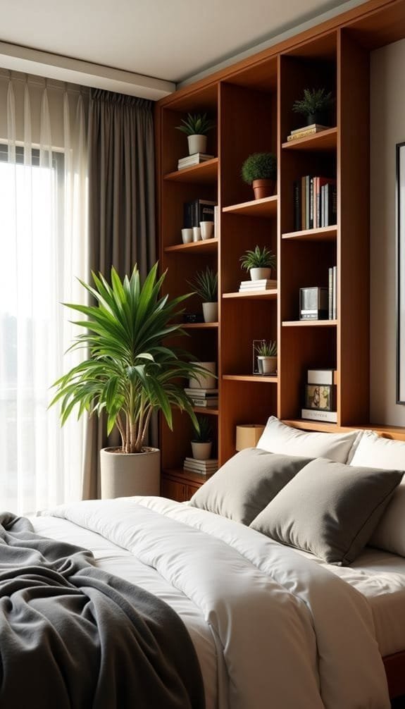 Cozy modern bedroom featuring a large bed with plush pillows and a soft comforter, accented by a stylish bedding throw. Behind, a warm wooden bookshelf displays books and decorative plants, complemented by soft natural light filtering through sheer curtains. A potted plant adds a touch of greenery, enhancing the serene atmosphere.