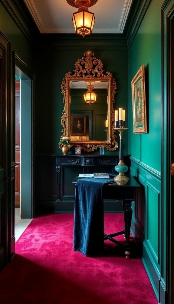 Elegant hallway featuring rich green walls, a vintage ornate mirror, and a striking red carpet. A decorative table with a blue cloth and stylish candle holder adds sophistication to the space, illuminated by a classic ceiling light.