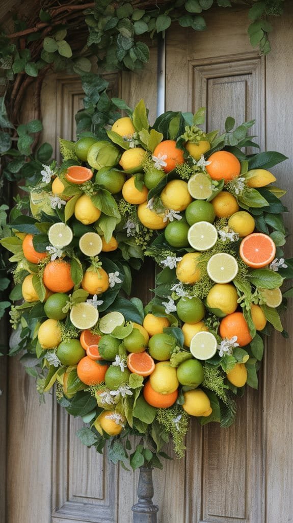 Vibrant citrus fruit wreath featuring oranges, lemons, limes, and greenery, beautifully adorned for seasonal decor.