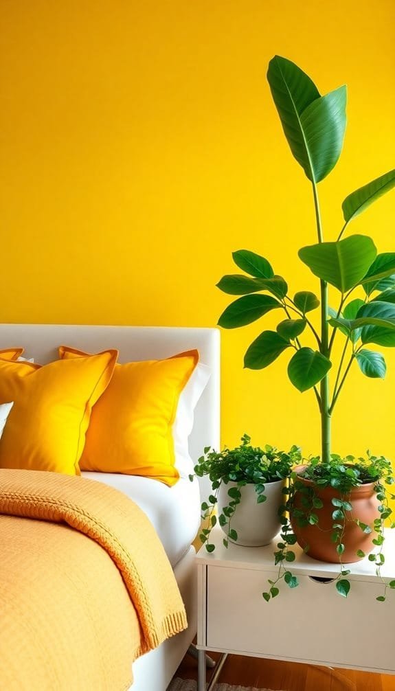 Bright yellow bedroom decor featuring a cozy bed, vibrant pillows, and lush potted plants. Ideal for warm, inviting spaces.