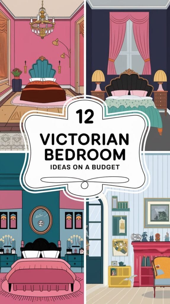 Illustration showcasing 12 budget-friendly Victorian bedroom design ideas with various color schemes and decor styles.