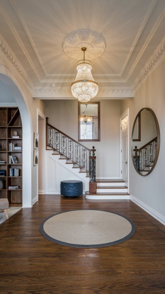 Elegant entryway with chandelier, wooden staircase, round area rug, and stylish decor, showcasing modern interior design.