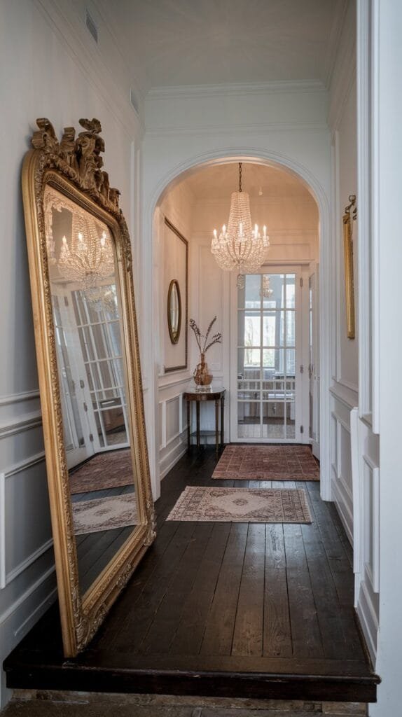 Elegant hallway featuring a vintage gold mirror, chandelier, and stylish decor accents on dark wooden floors.