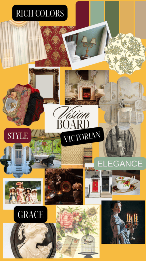 Victorian vision board featuring rich colors, elegant decor, and elements of grace and style in interior design.