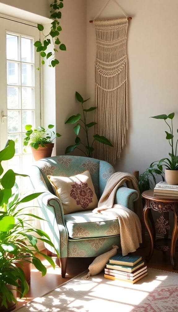 Cozy reading nook featuring a turquoise vintage armchair, houseplants, and decorative macramé wall hanging in bright sunlight.