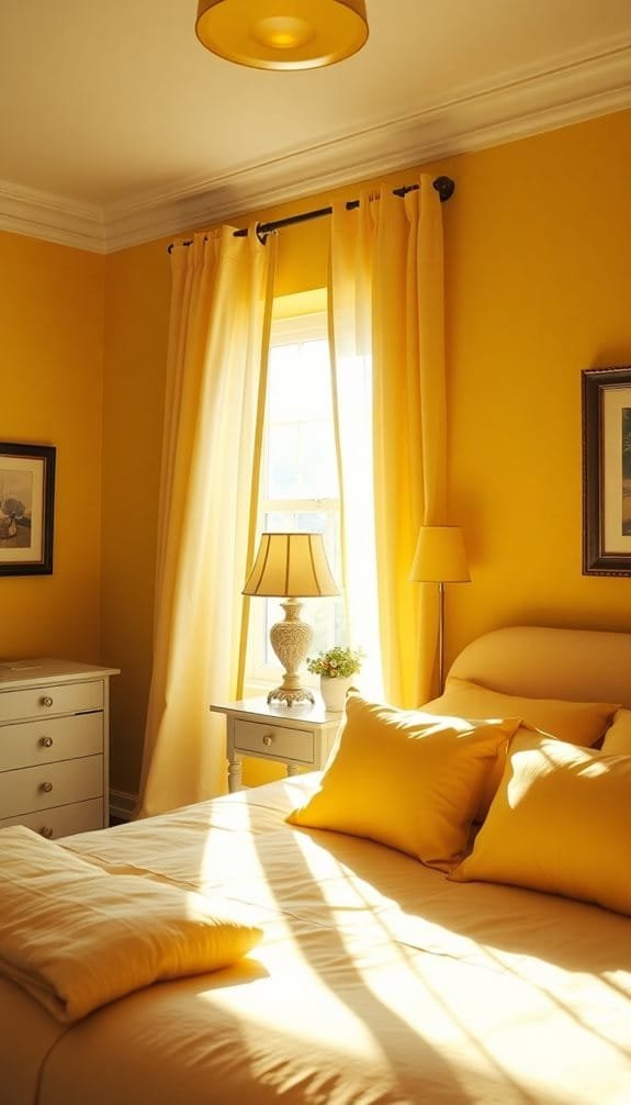 Cozy bedroom featuring yellow walls, soft bedding, and elegant decor with natural light streaming in.