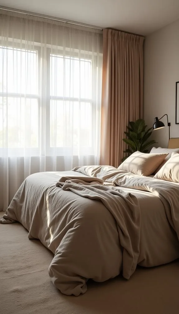Cozy modern bedroom featuring a neatly made bed with soft beige bedding, large windows with sheer curtains allowing natural light, and a decorative plant in the corner.